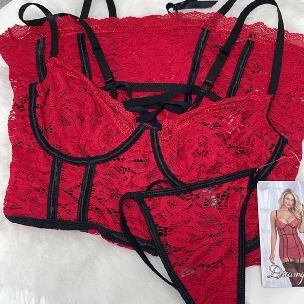 Dreamgirl Ruby Red Lace Underwire Bustier Corset Chemise Garter Strap Size Small
